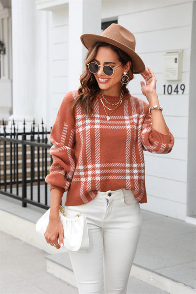 Pratto Plaid Pullover Knit Sweater - Tan