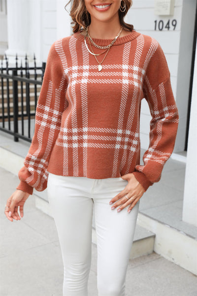 Pratto Plaid Pullover Knit Sweater - Tan