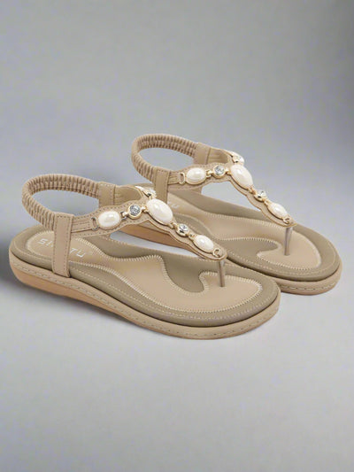 Siketu | Pearl Beaded Thong Sandal - taupe