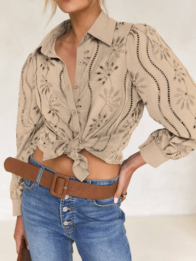 Miley Perforated Long Sleeve Blouse - taupe