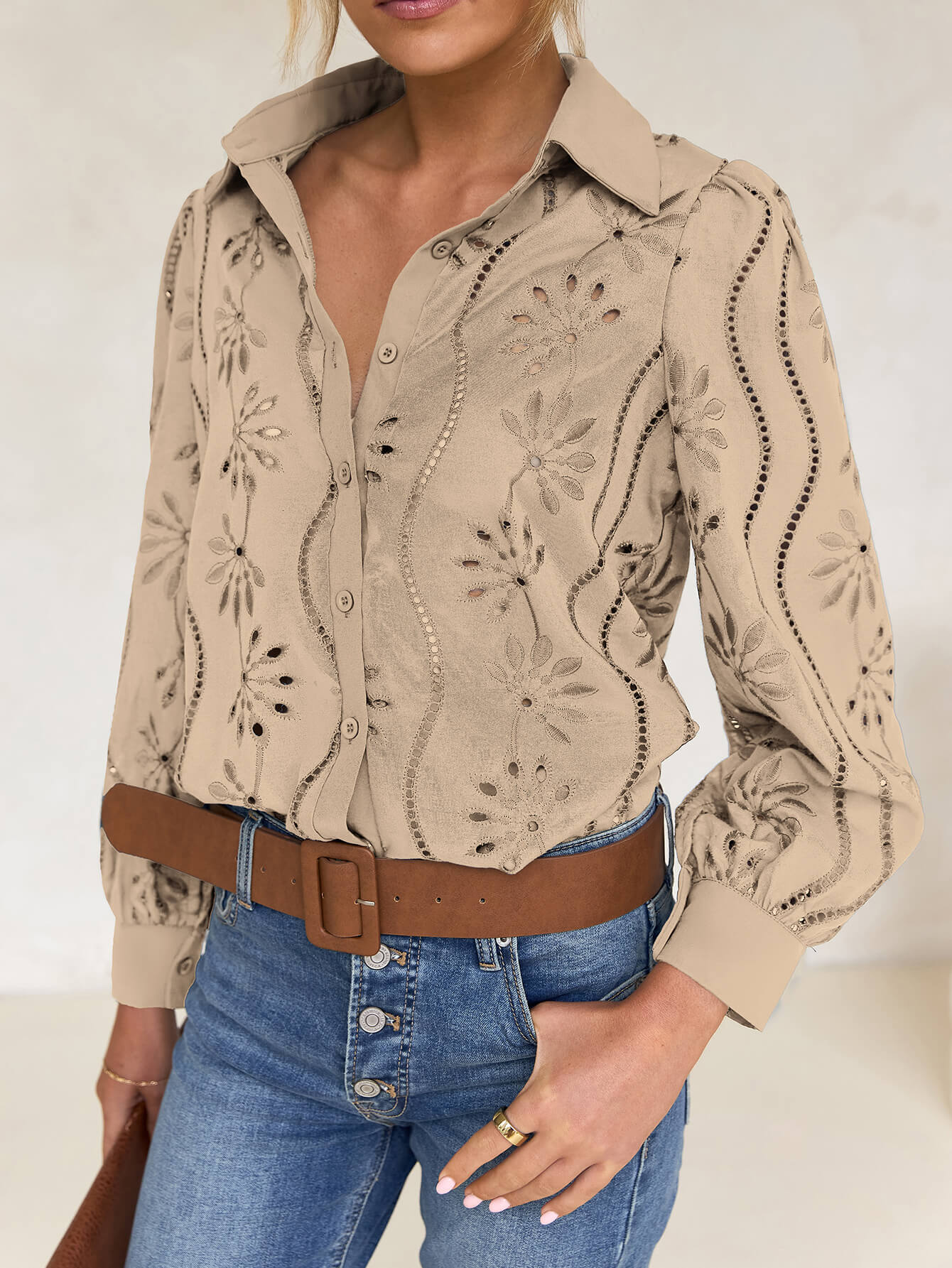 Miley Perforated Long Sleeve Blouse - taupe