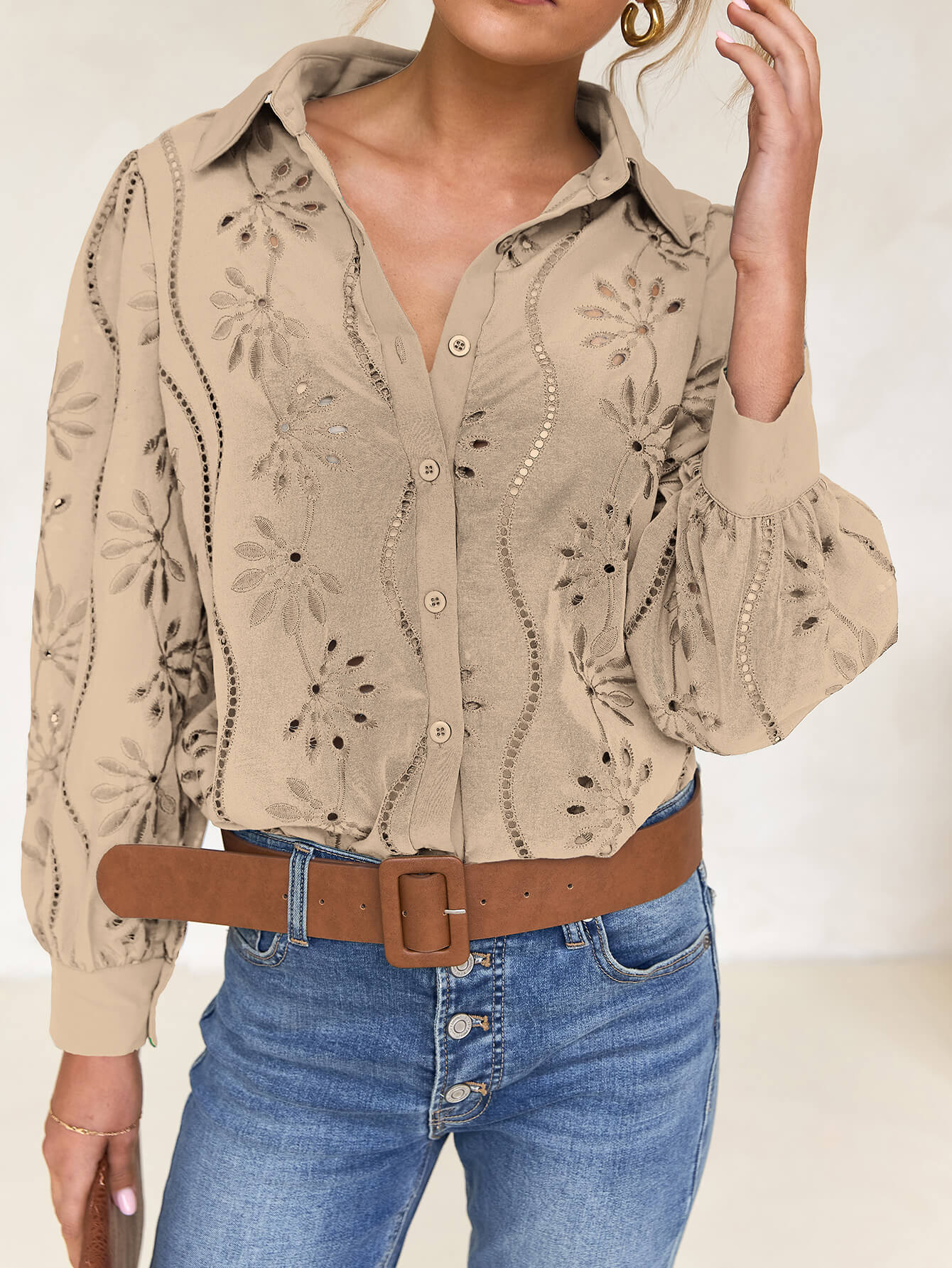 Miley Perforated Long Sleeve Blouse - taupe