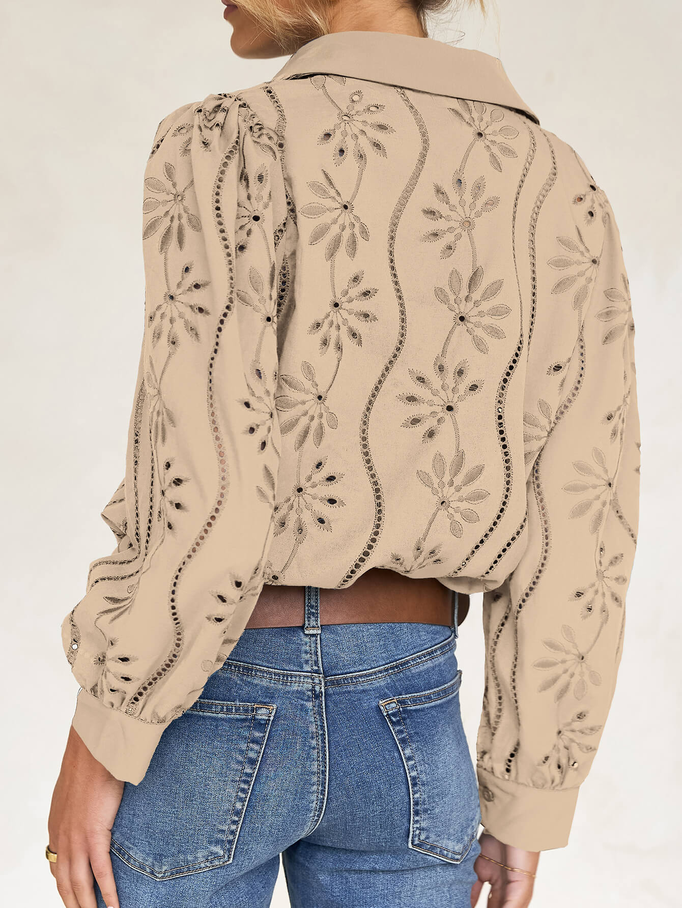 Miley Perforated Long Sleeve Blouse - taupe