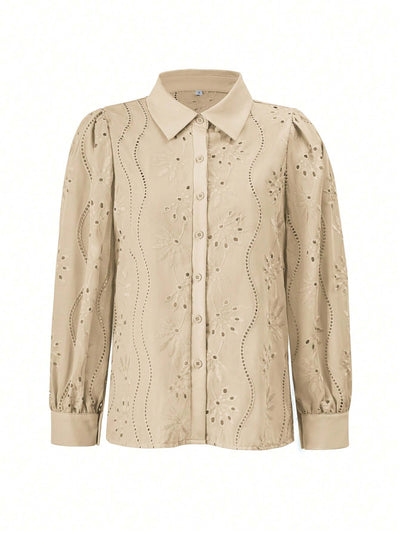 Miley Perforated Long Sleeve Blouse - taupe