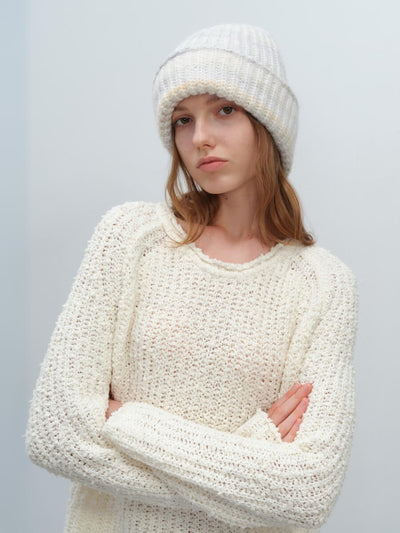 Wool Blend Gradient Knit Beanie - White