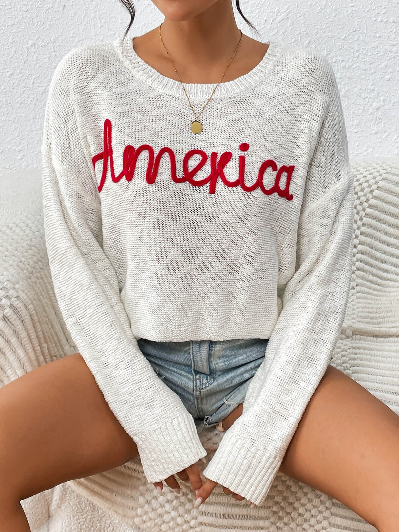 America Mom Knit Pullover Sweater - White