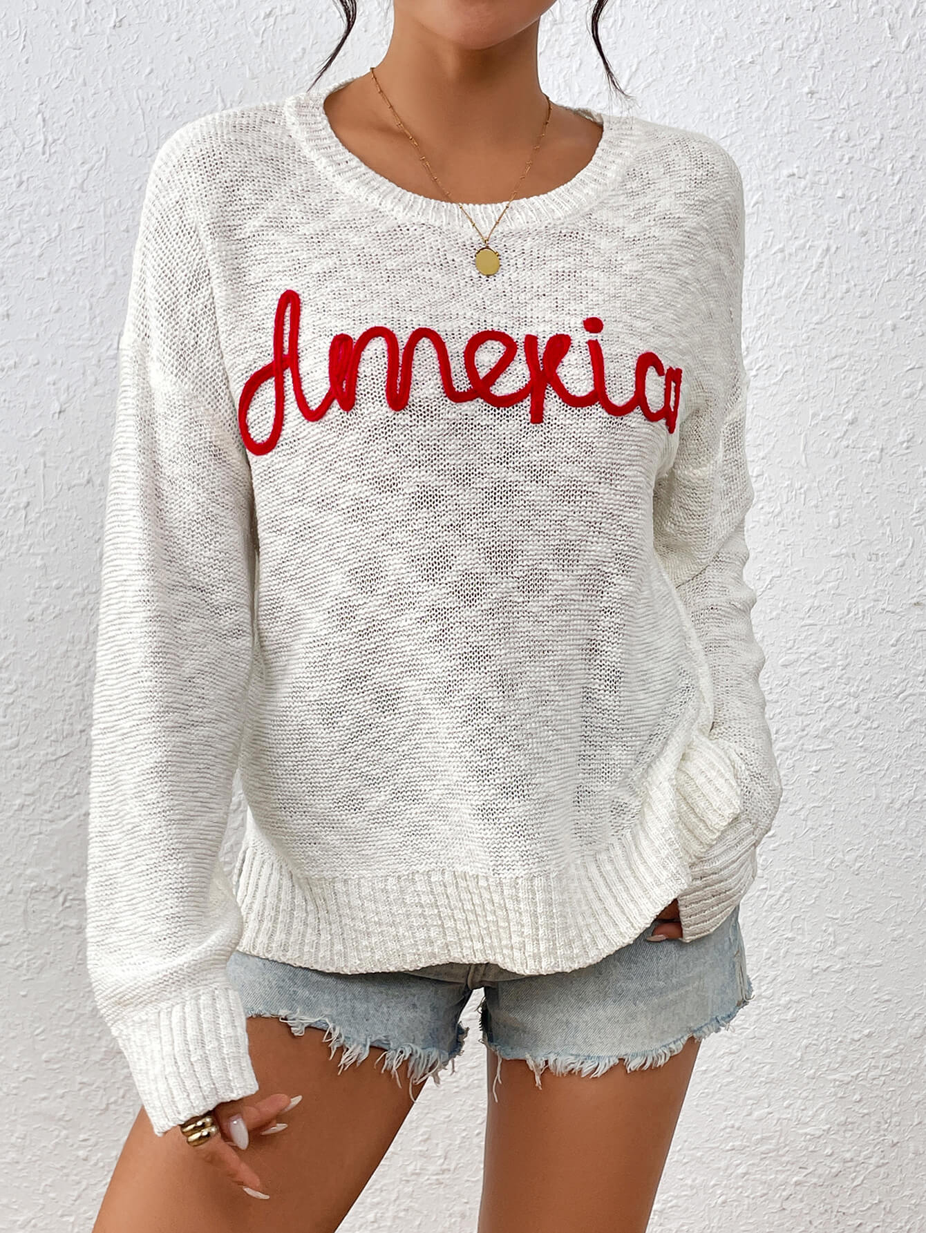 America Mom Knit Pullover Sweater - White