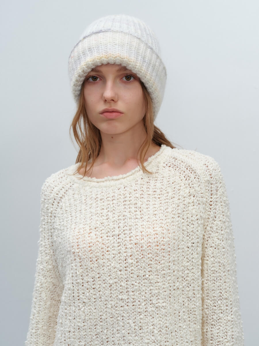 Wool Blend Gradient Knit Beanie - White