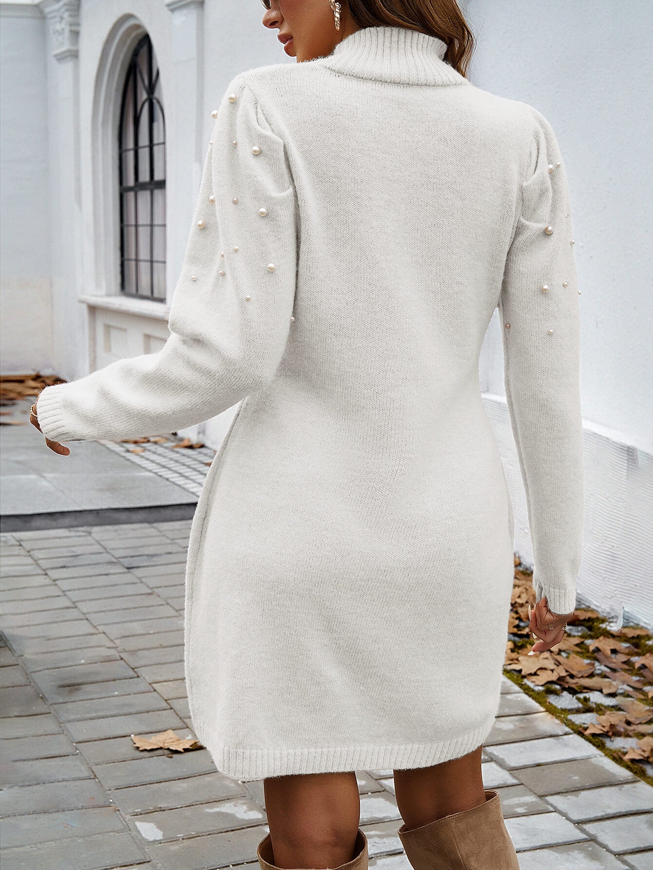 pearl sweater dress Mock Neck Faux Pearl Decor Mini Sweater Dress, White / S