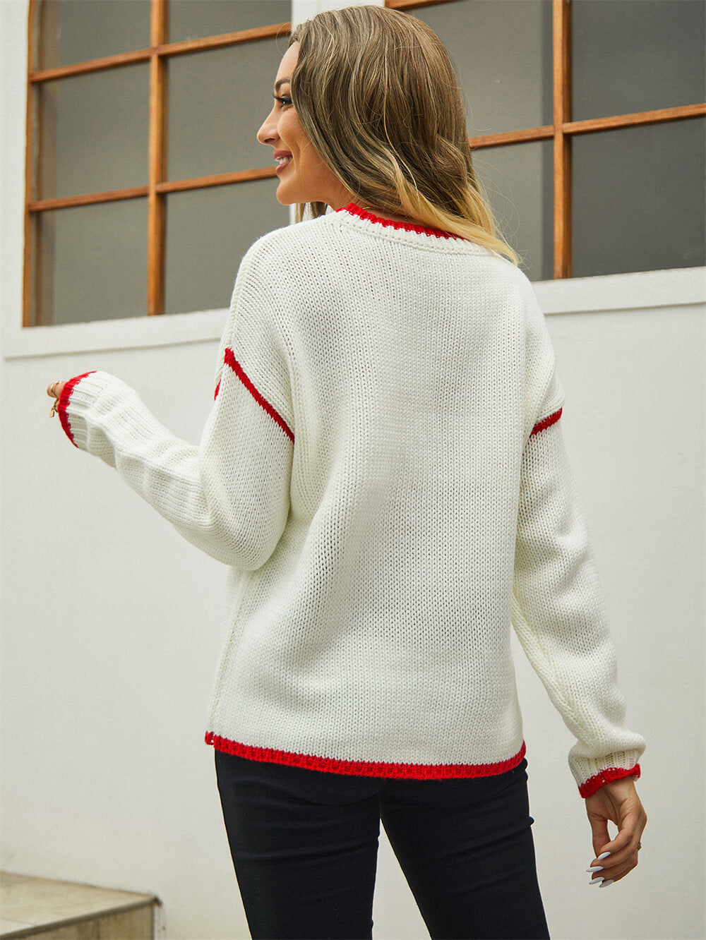 Lorian Contrast Seams Sweater - White