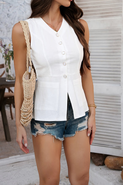 Leva Button Up Cotton Vest - white