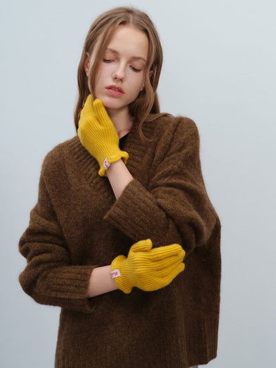 Wool Blend Ribbed Knit Glove Mittens - Yellow