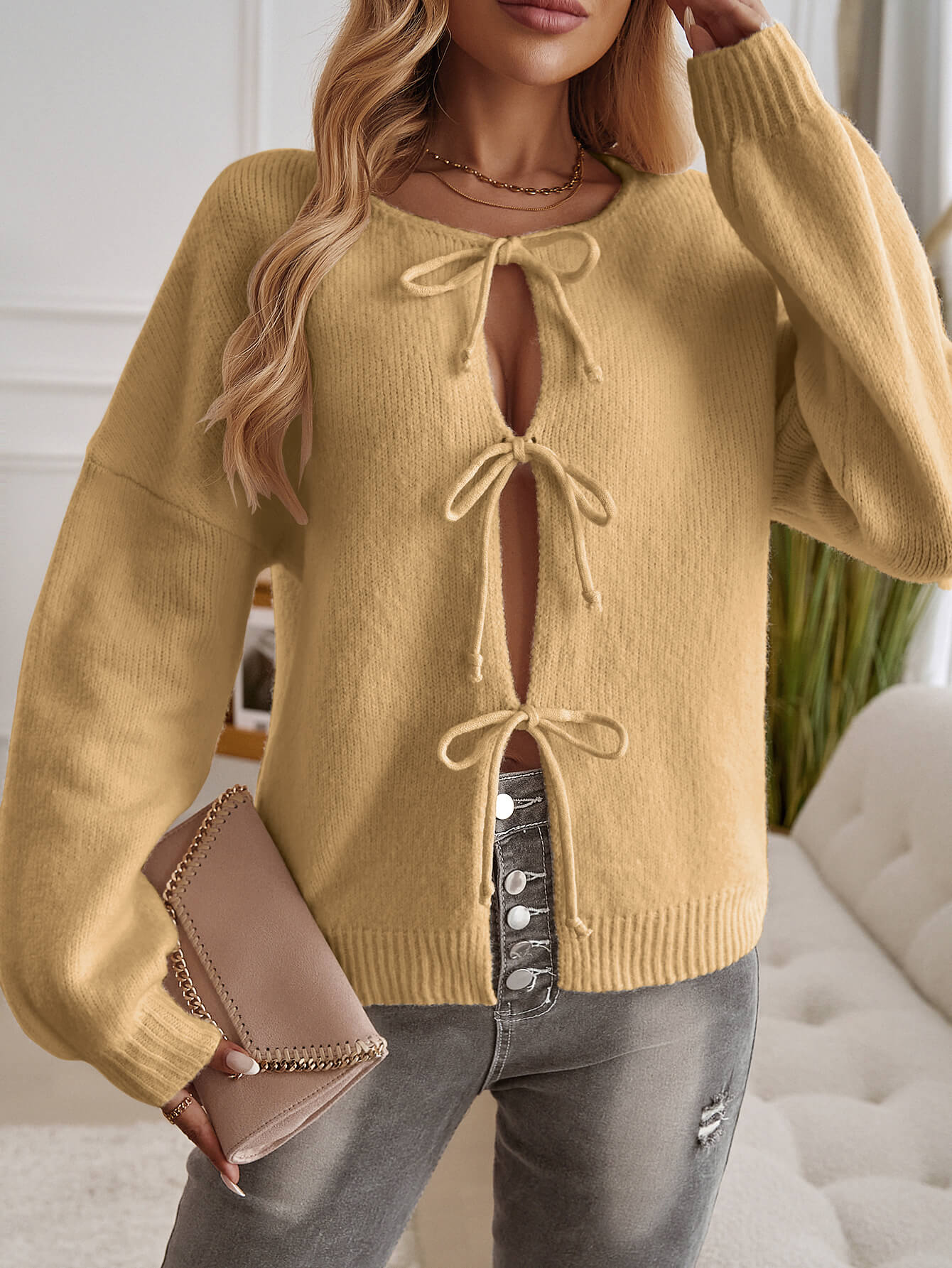 Shes The Cute Bow Detail Sweater Cardigan - Yellow