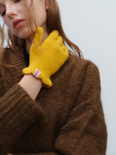 Wool Blend Ribbed Knit Glove Mittens - Yellow