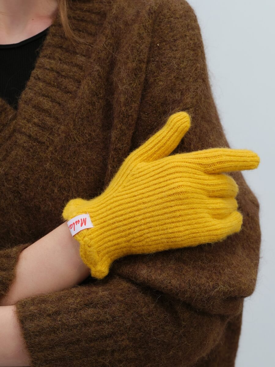 Wool Blend Ribbed Knit Glove Mittens - Yellow