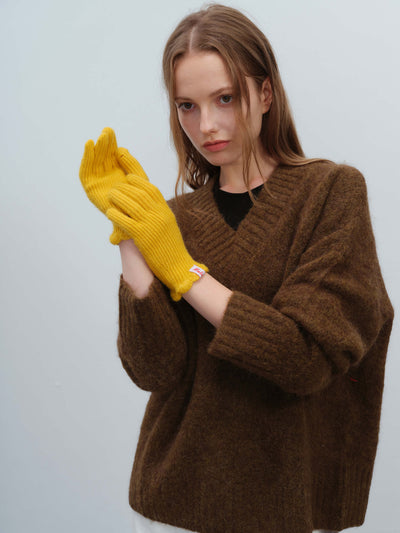 Wool Blend Ribbed Knit Glove Mittens - Yellow