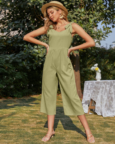 Tie-Bow Strap Sleeveless Linen Jumpsuit - Green