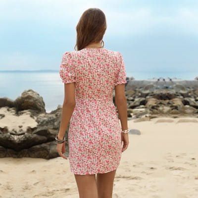 Smaibulun | Pink Floral Print Front-Tie Mini Dress