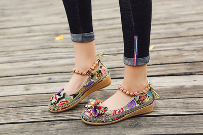 Bow Head Buddha Beads Round Toe Ankle Flat Shoes Boat Shoes - Cactus Rose