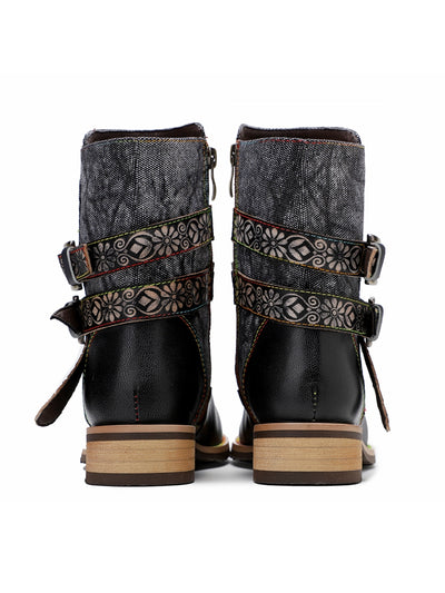 SOFFIA | Genuine Leather Gold Floral Embossed Strap  Moto Boots