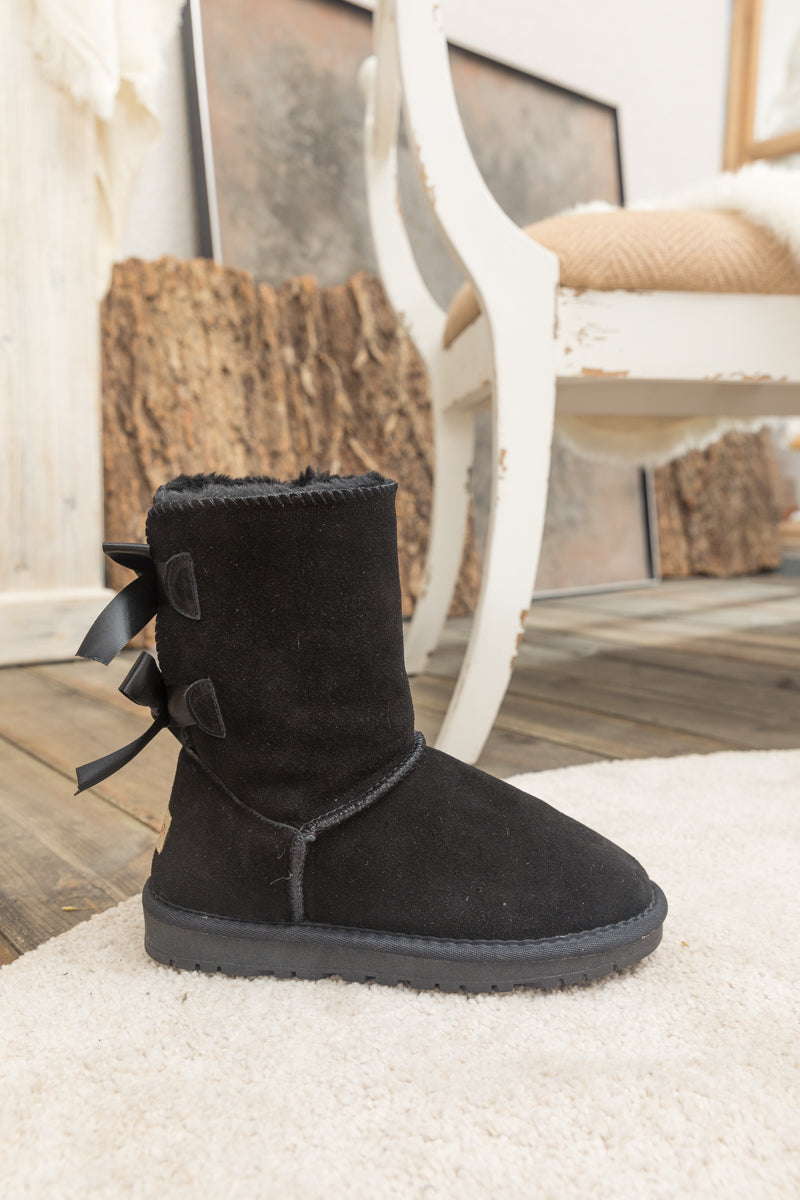 Smaibulun Ugg | Double Ballet Ribbon Bow Suede Shearling Boots - Black ...