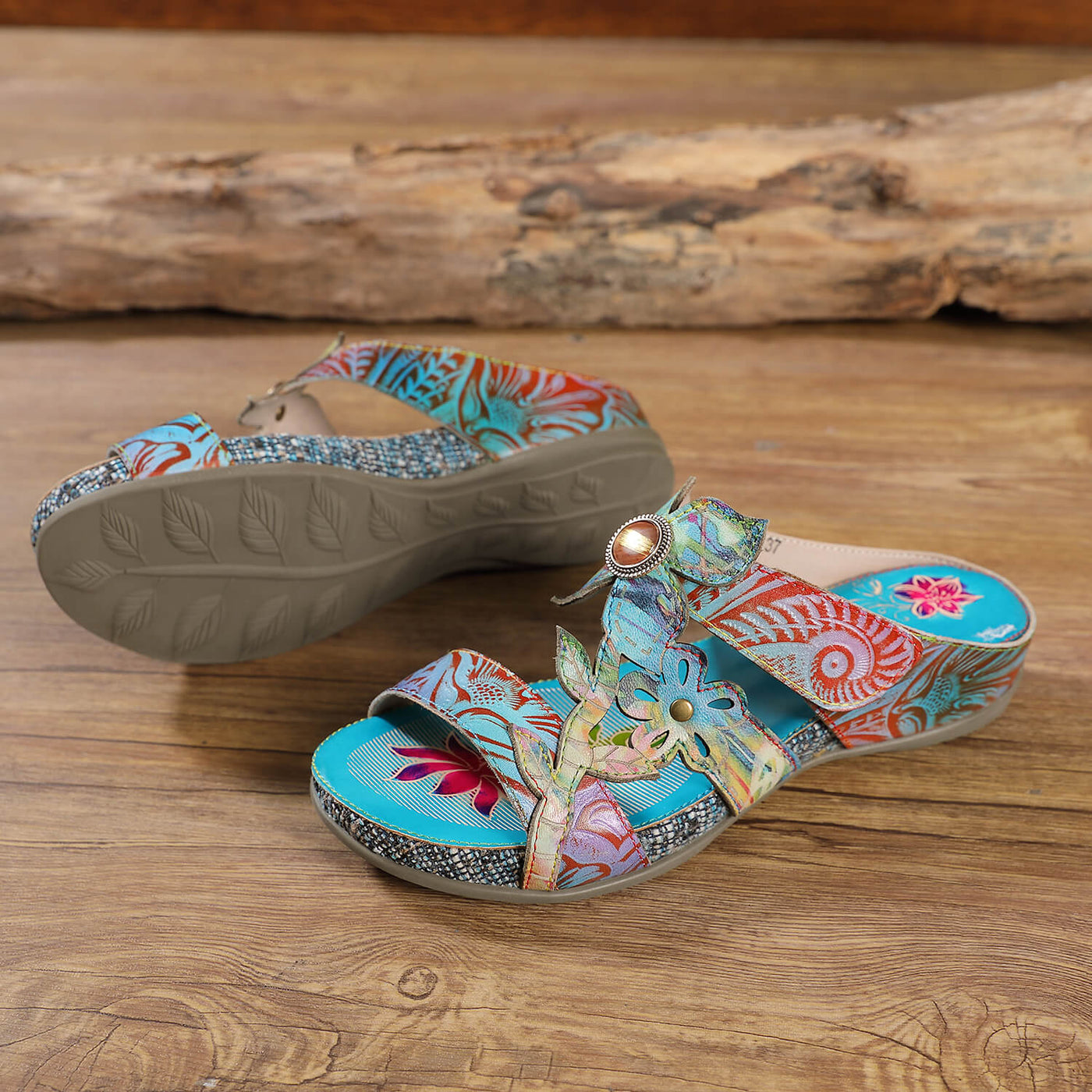 Genuine Leather Tie-Dye Garden Print Elegant Sandals Slides - Soffia