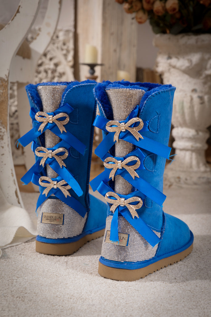 SMAIBULUN Ugg Rhinestone Ribbon Tri Tie Bow Suede Boots Blue