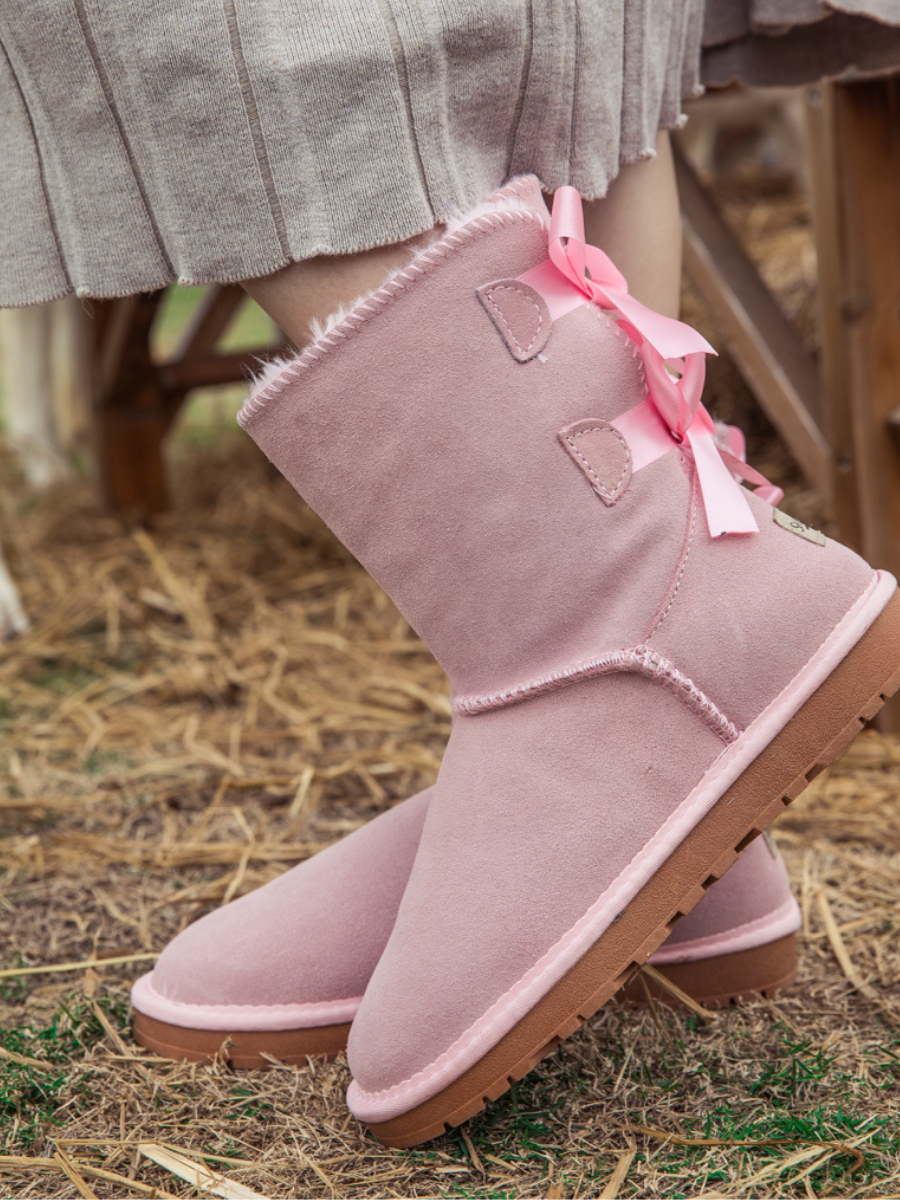 Smaibulun Ugg Double Ballet Ribbon Bow Suede Shearling Boots pink