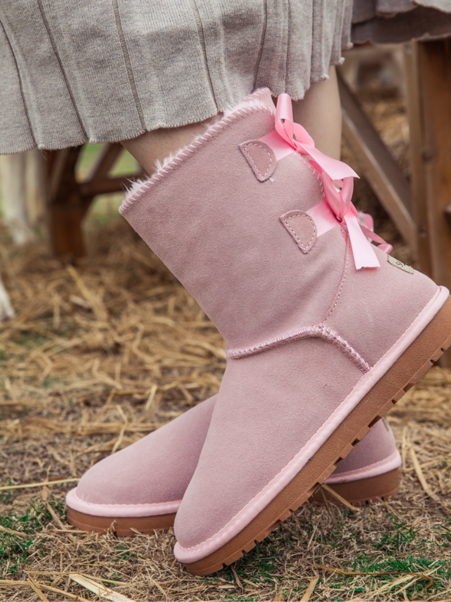 SMAIBULUN Ugg | Ballet Bow Back Ribbon Suede Boots - Blush Pink