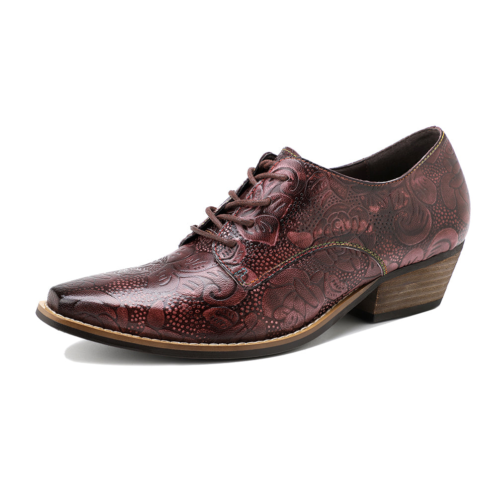 Genuine Leather Block Brogue-Detail Floral Embossed  Oxford Heel Shoes- Soffia