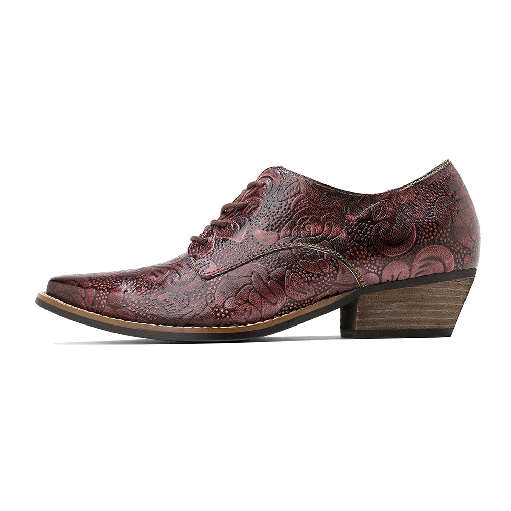 Genuine Leather Block Brogue-Detail Floral Embossed  Oxford Heel Shoes- Soffia