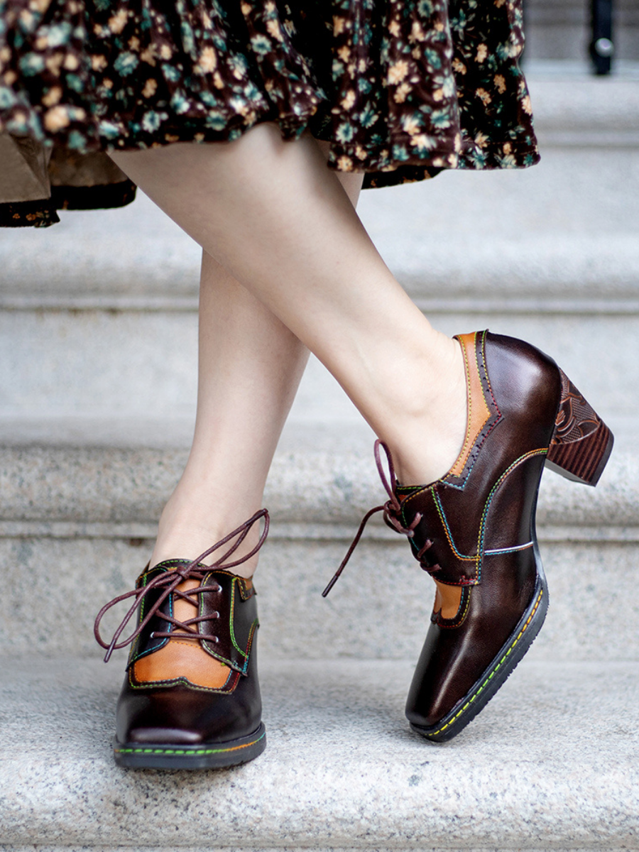 SOFFIA | Genuine Leather Blossom Embossed Back Heel Oxford Shoes ...