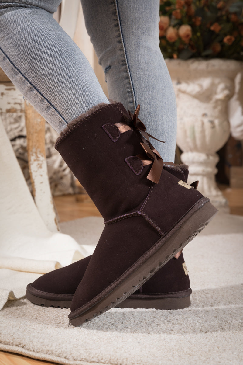 Smaibulun Ugg | Double Ballet Ribbon Bow Suede Shearling Boots - brown ...