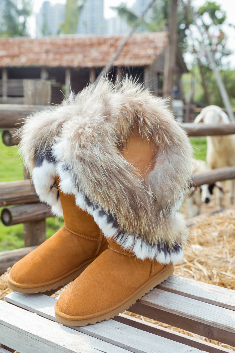 SMAIBULUN Ugg Faux Fur Wool Lined Grazing Calf Boots Chestnut