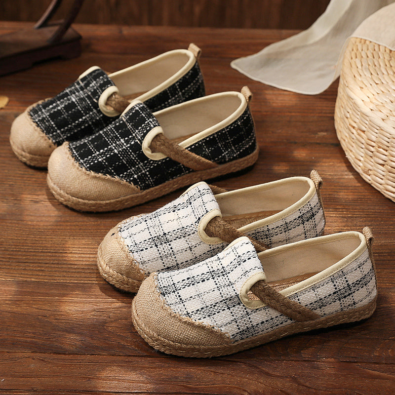 Plaid Dotted Line Linen Round Toe Espadrilles Loafers - Cactus Rose