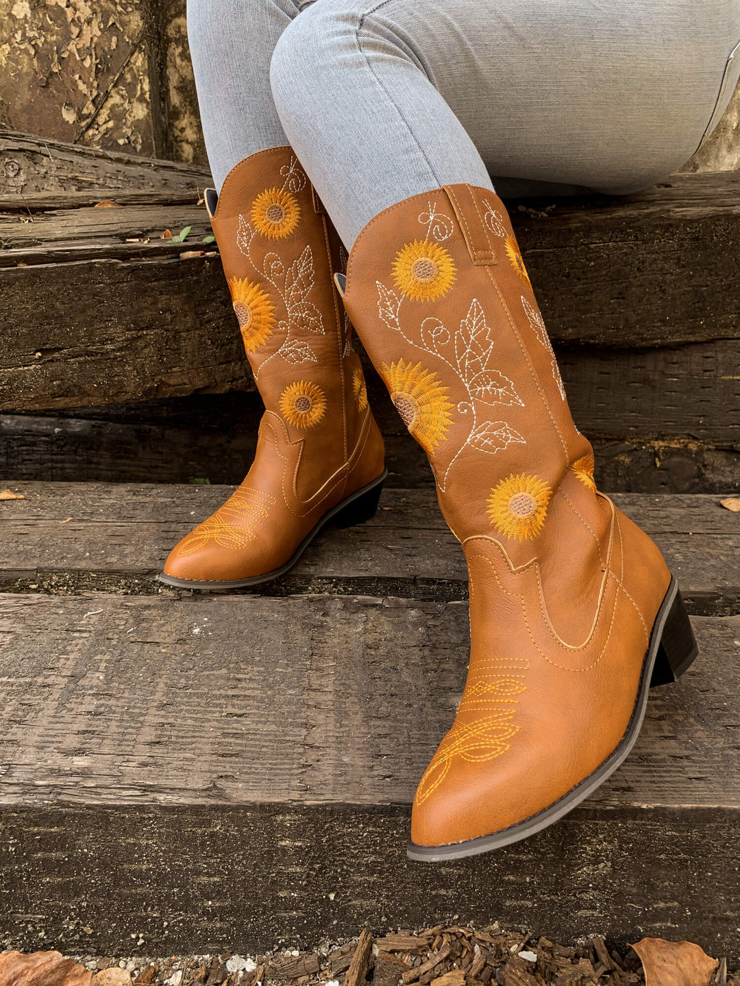 En Bloom Sunflower Mid Calf Cowboy Boots Tan SMAIBULUN