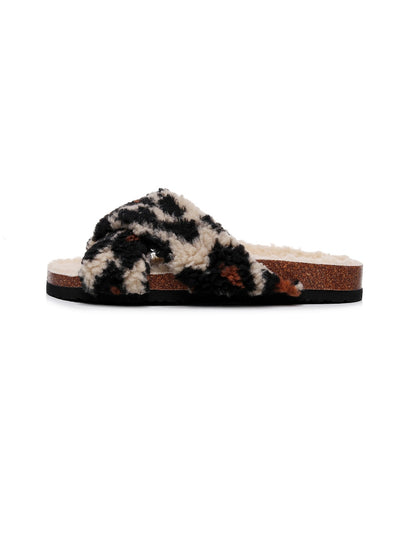 Maibulun | Leopard Criss-Cross Fleece Slipper - Brown