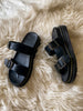 Black Double-Strap Buckled Sip On Slides Flat Sandals | En Bloom