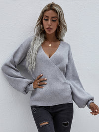 Smaibulun | Lantern-Sleeve V-Neck Wrap Knit Top - Grey