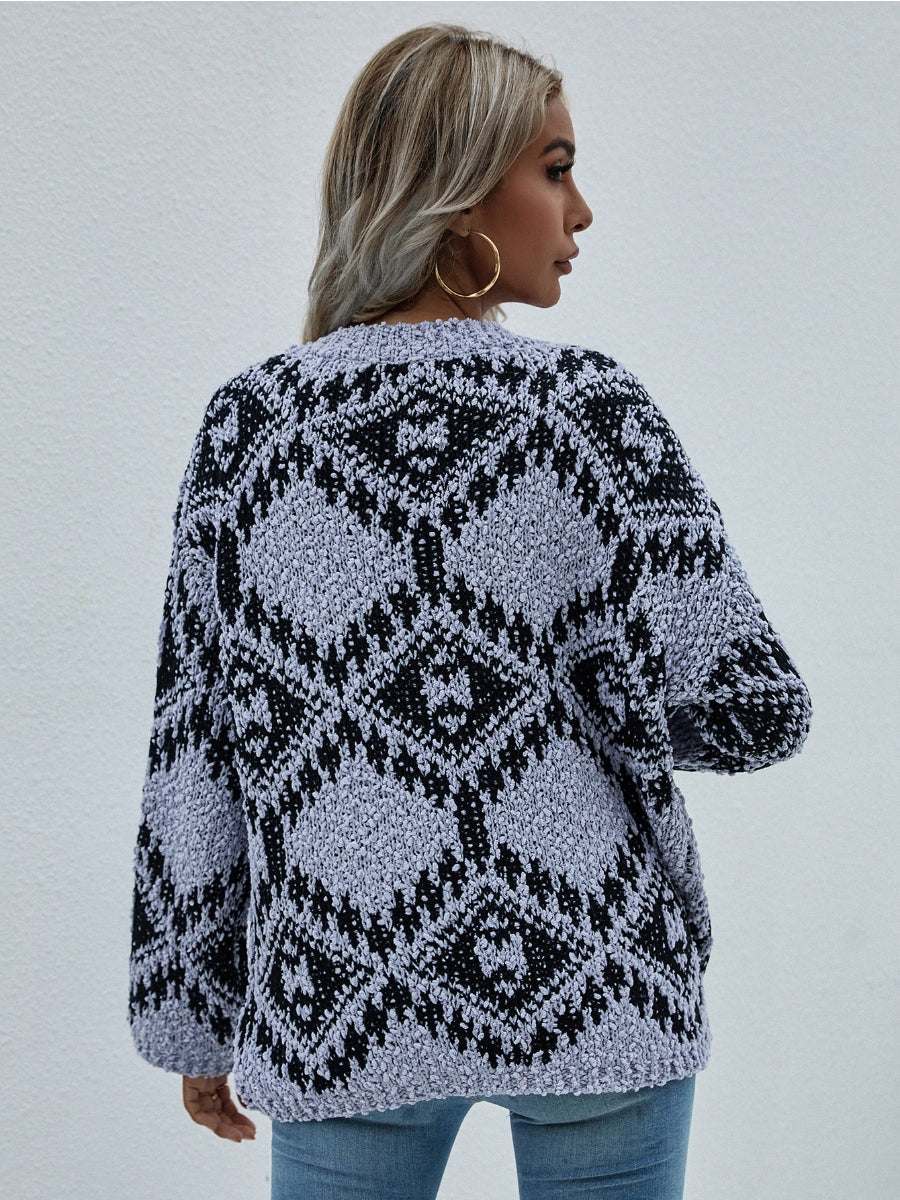 Smaibulun | Geometric Pattern Lantern Sleeve Sweater - Grey