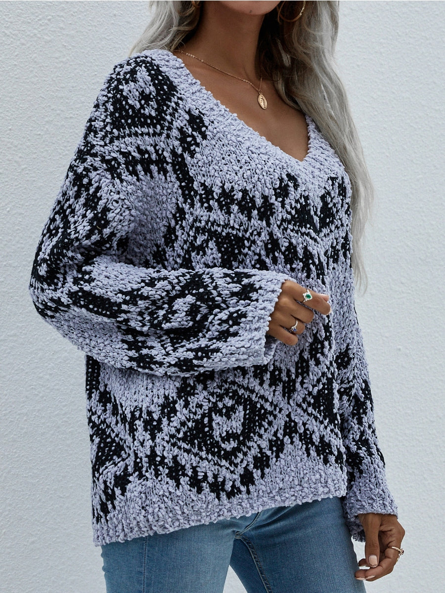 Smaibulun | Geometric Pattern Lantern Sleeve Sweater - Grey