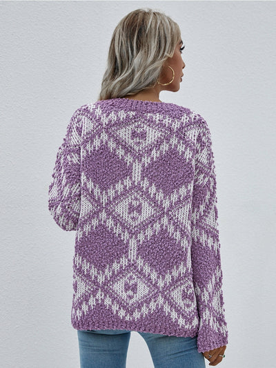 Smaibulun | Geometric Pattern Lantern Sleeve Sweater - Purple