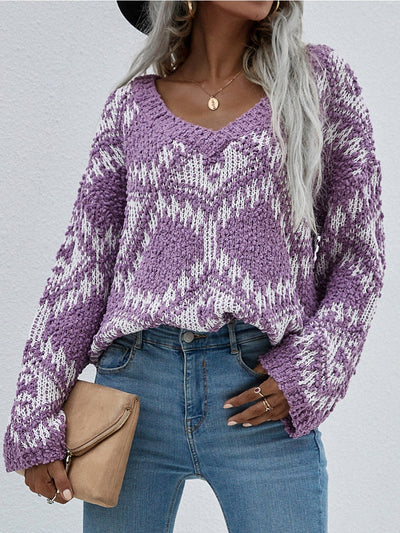 Smaibulun | Geometric Pattern Lantern Sleeve Sweater - Purple
