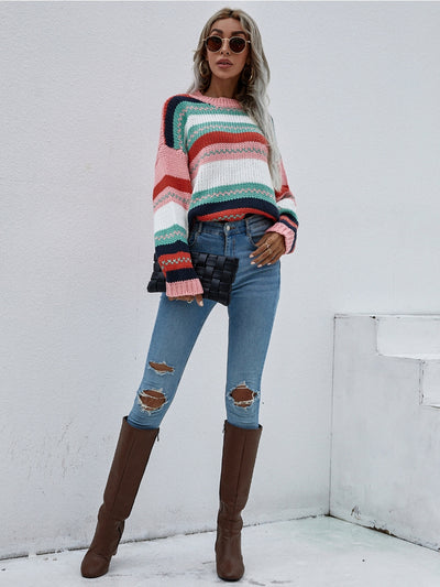 Smaibulun | Stripe Color-Block Knit Long-Sleeve Top - Pink