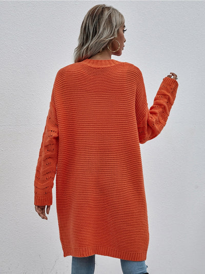 Braid Open Knit Long Cardigan - Orange