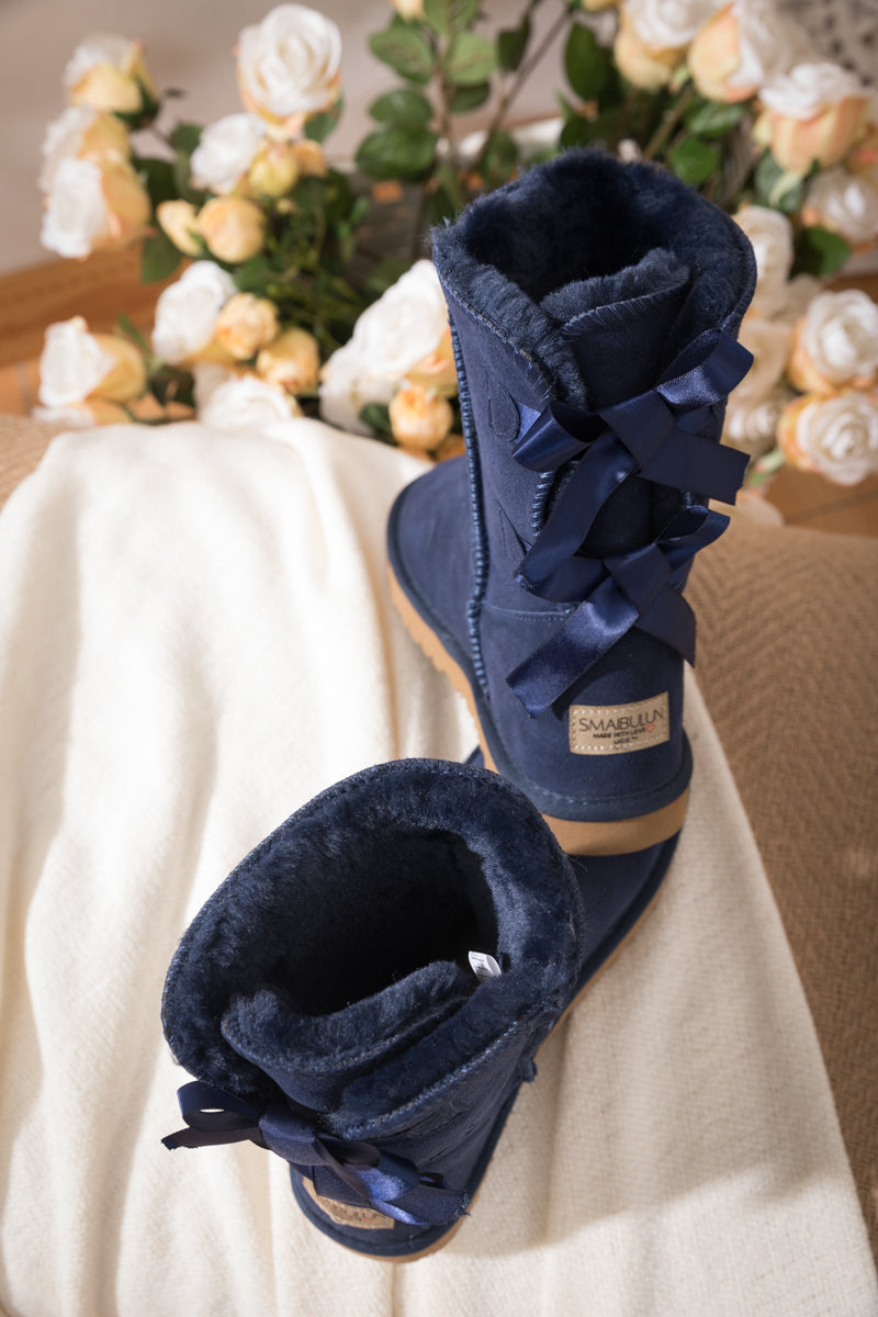Smaibulun Ugg | Double Ballet Ribbon Bow Suede Shearling Boots - navy ...
