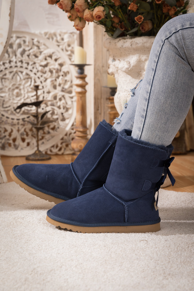 Smaibulun Ugg | Double Ballet Ribbon Bow Suede Shearling Boots - navy ...