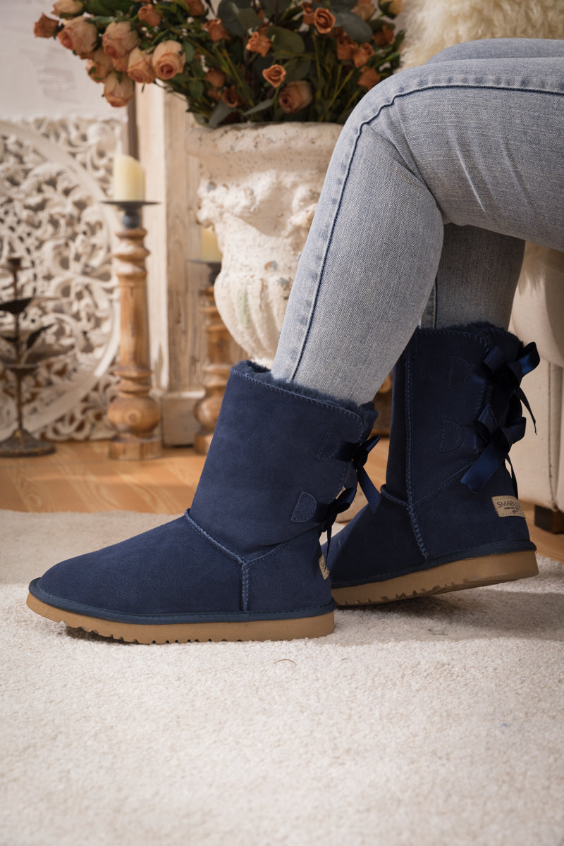 Smaibulun Ugg | Double Ballet Ribbon Bow Suede Shearling Boots - navy ...