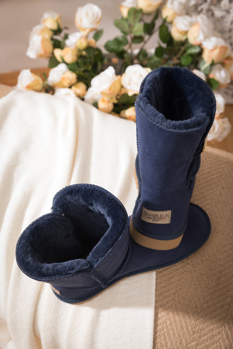 SMAIBULUN Ugg Faux Fur-Lined Classic Side Button Ugg Boot Navy