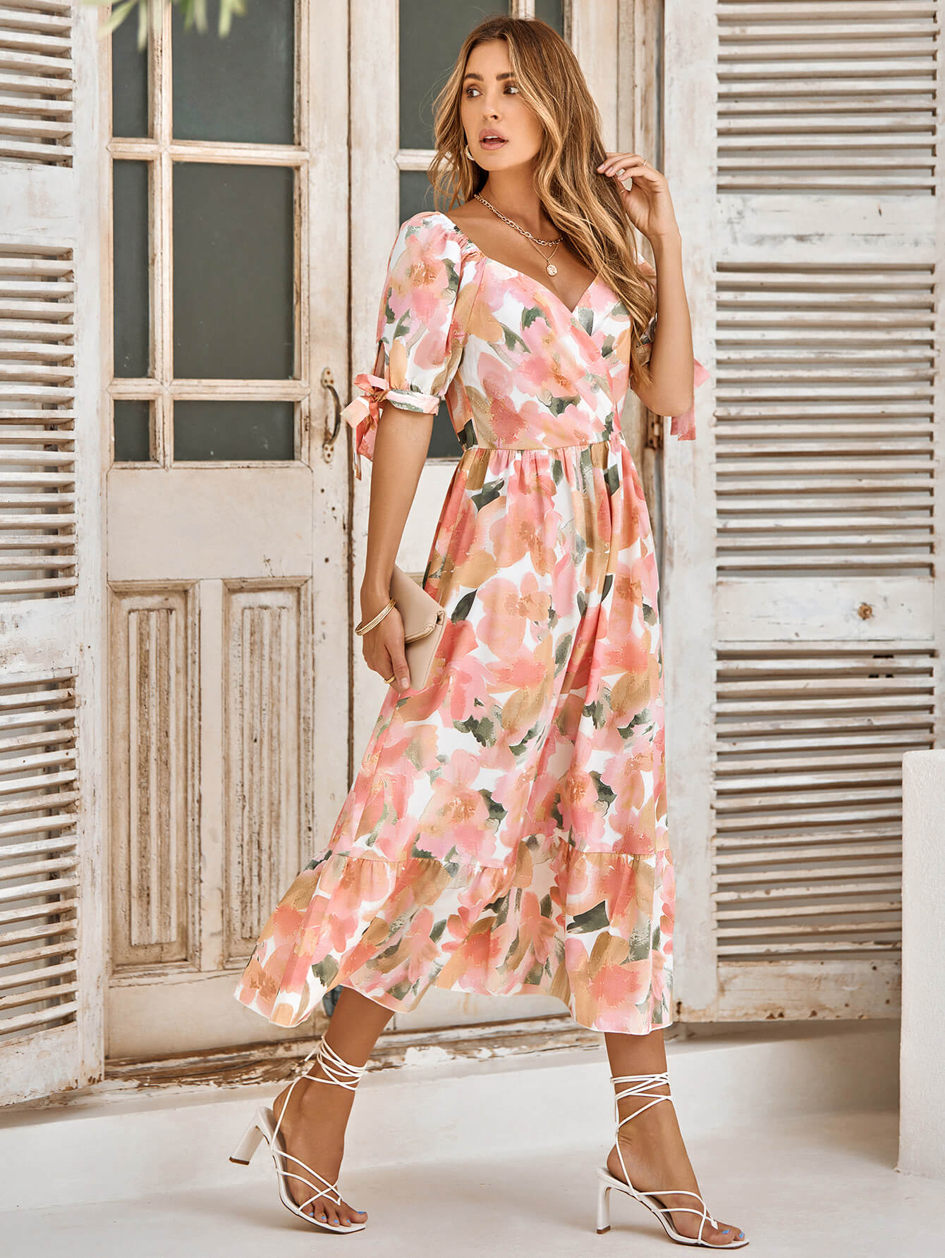 Tanya Painting Floral Short Sleeve Maxi Dress - Peach, M / Peach Tanya Painting Floral Short Sleeve Maxi Dress - Peach, M / Peach